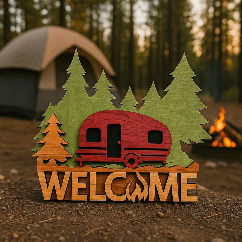 Rustic Camper Welcome Sign | Layered Wood Camping Decor | Handcrafted RV Welcome Sign | Forest & Campfire Wall Art | Cabin Porch Sign - Moonshineandglitter