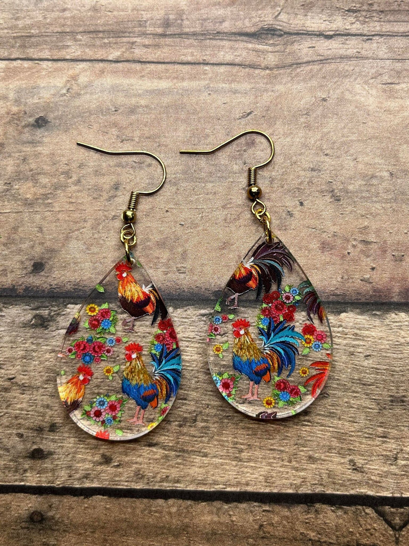 Sunny Side Up: Clear Acrylic Rooster Teardrop Dangle Earrings - Hypoallergenic, Lightweight, UV Printed, 1.5 Inches - Moonshineandglitter
