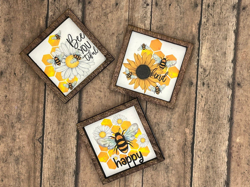 Tiered tray mini wood sign bee honey yellow 3x3 handmade farmhouse - Moonshineandglitter