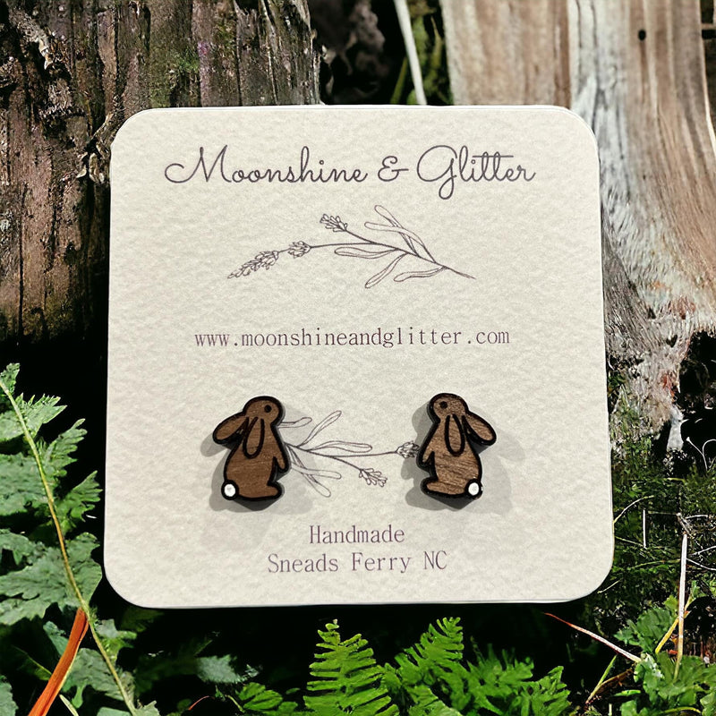 Walnut Wood Easter Bunny Stud Earrings - Hypoallergenic - 0.45" Size - Perfect for Child or Adult - Moonshineandglitter