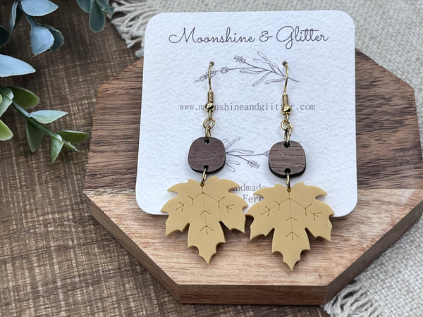 Fall leaf Mustard walnut dangle earring
