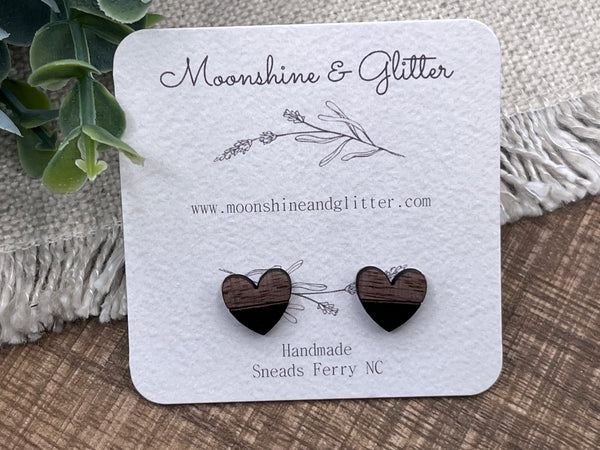 Split heart black walnut stud earrings