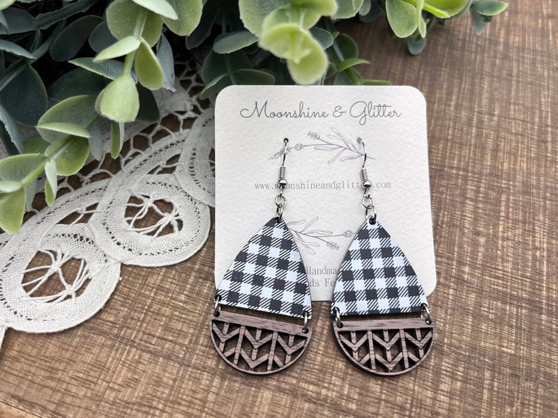 White Black Buffalo plaid basket weave earrings