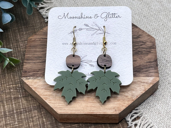 Fall leaf Sage walnut dangle earring