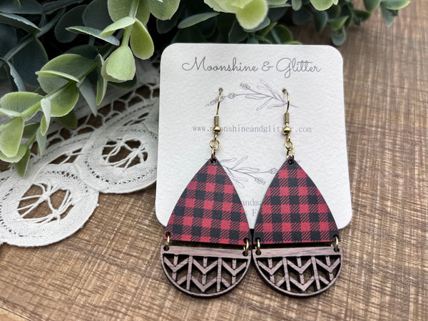 Red Black Buffalo plaid basket weave earrings