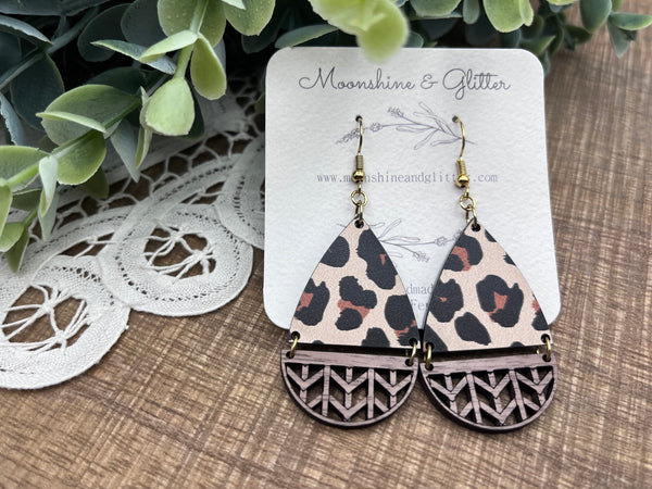 Leopard print basket weave 2piece teardrop earring