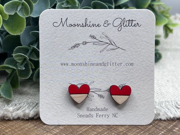 Split Heart red & maple stud earrings