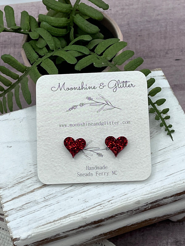 Red glitter heart stud earrings