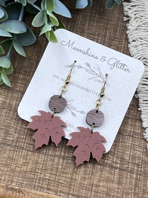 Fall leaf Rust walnut dangle earring