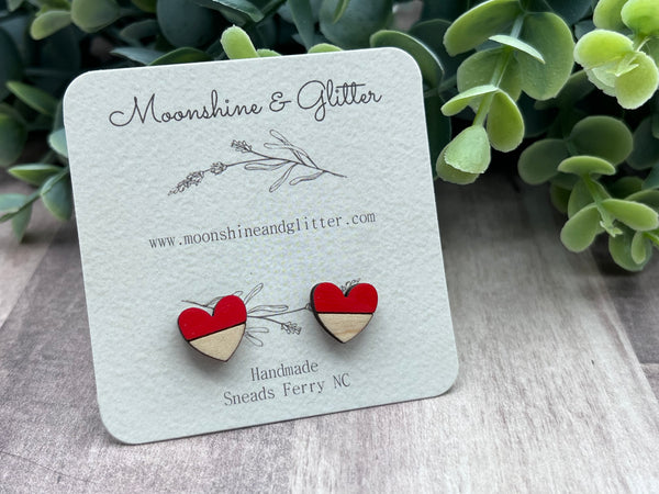 Split Heart red & maple stud earrings