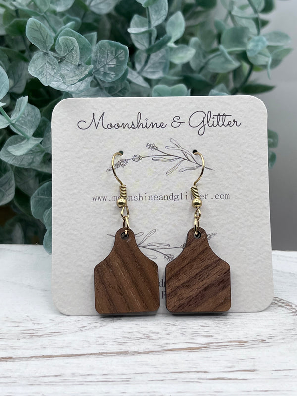 Wood cow tag dangle earring