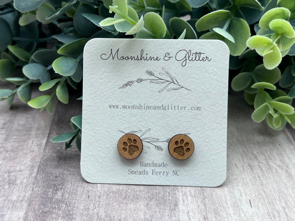 Paw print wood stud earrings