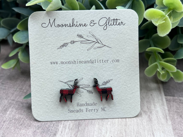 Buffalo plaid reindeer stud earrings