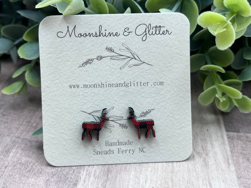 Buffalo plaid reindeer stud earrings