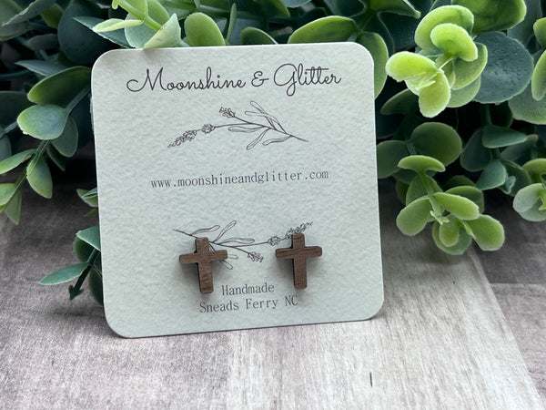 Walnut wood Cross stud earrings