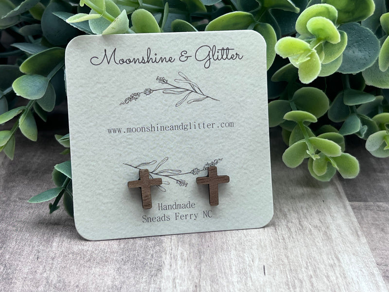 Walnut wood Cross stud earrings Moonshineandglitter